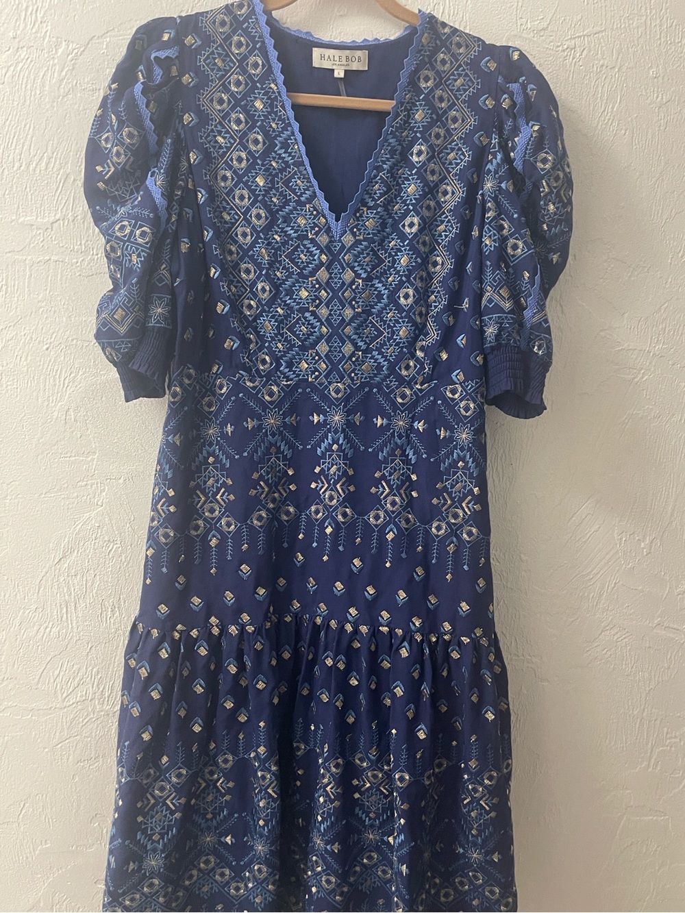 Hale Bob Navy Blue Embroidered V-Neck Tunic with Light Blue and Gold Accents